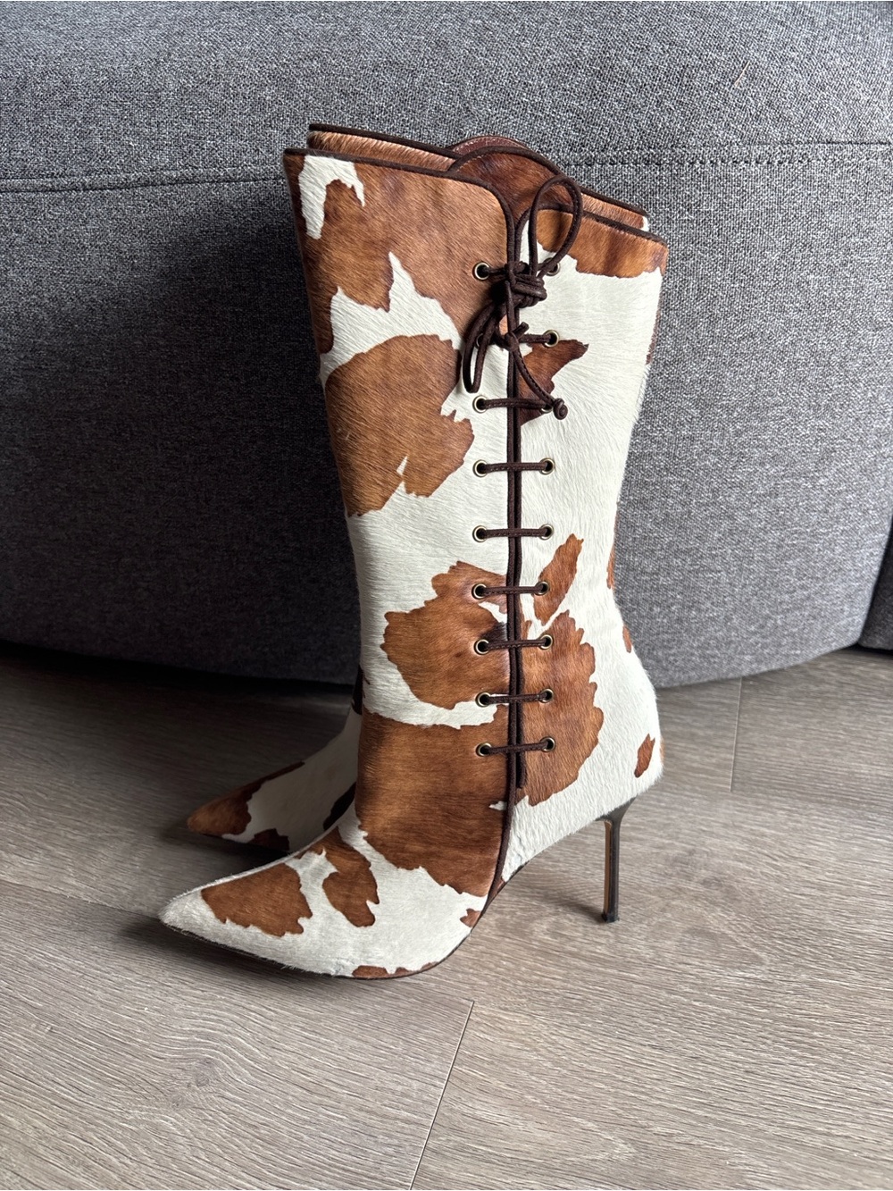 Manolo Blahnik Vintage Italian Pony Hair Lace-Up Boot Heels - IT 39